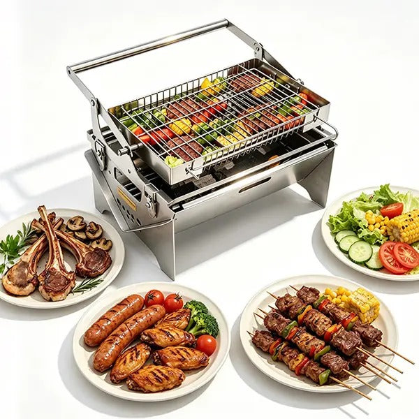 Manual 360° Rotatable Flip BBQ Grill, Foldable Stainless Steel Portable Outdoor Grill