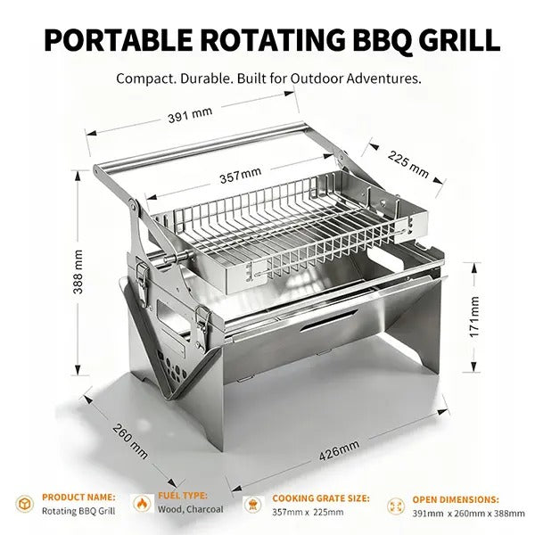 Manual 360° Rotatable Flip BBQ Grill, Foldable Stainless Steel Portable Outdoor Grill