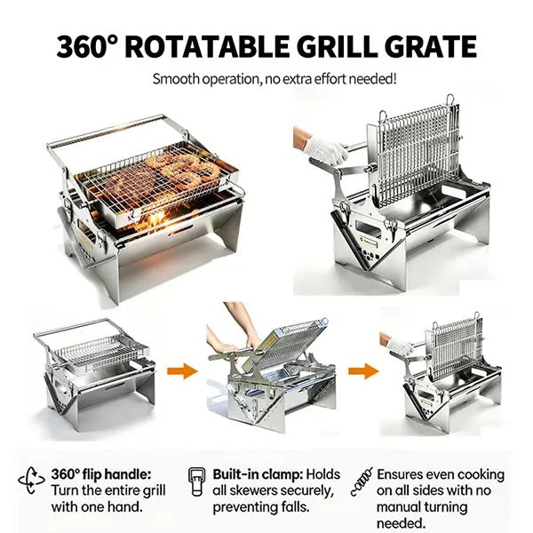 Manual 360° Rotatable Flip BBQ Grill, Foldable Stainless Steel Portable Outdoor Grill