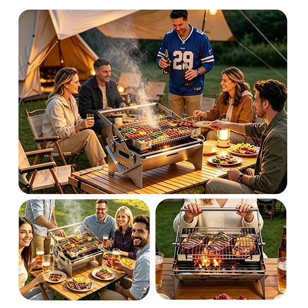 Manual 360° Rotatable Flip BBQ Grill, Foldable Stainless Steel Portable Outdoor Grill